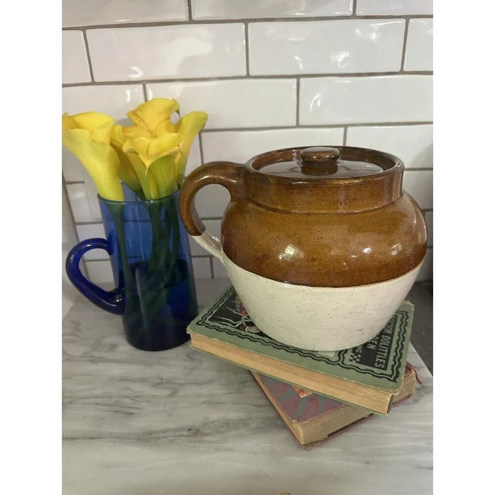 Vintage Antique Stoneware 2 Tone Brown One Handle Crock Bean Pot Americana
